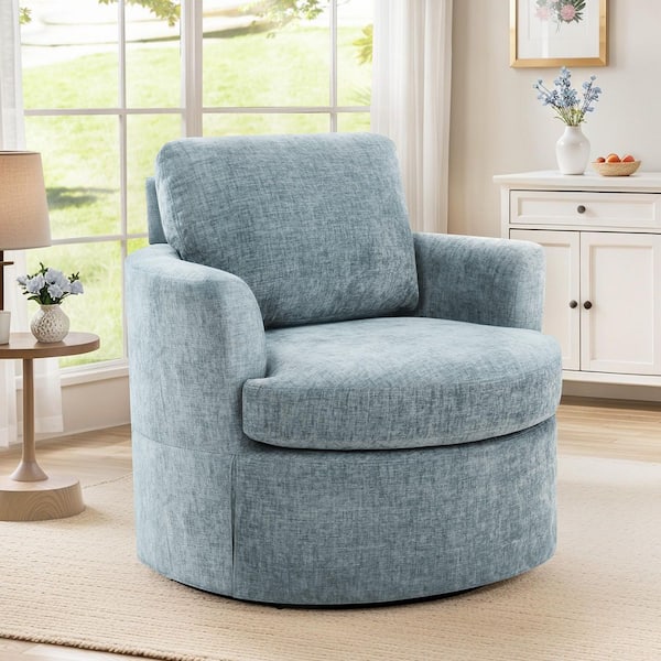 Light Blue Chenille Upholstered 360° Swivel Accent Chair Adjustable Back Height Armchair with Wood Frame (Set of 1)