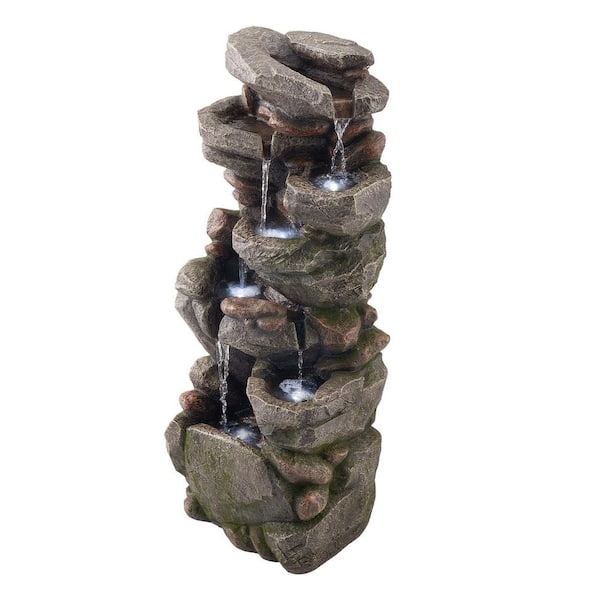 Outdoor Water Fountain, 38.98 in. Height  Electric Resin Waterfall, 7-Tier Fountain with LED Light and Pump for Garden