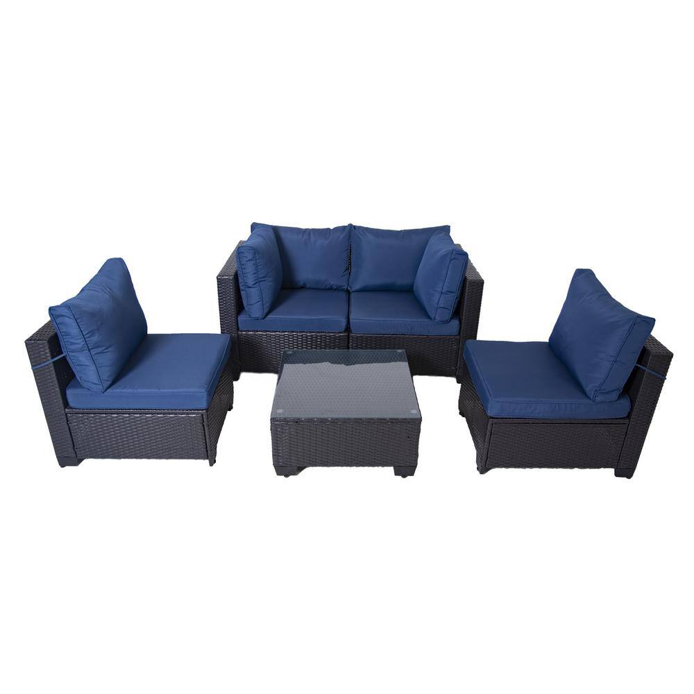 5-Piece Black Rattan Patio Sofa Set, Wicker Outdoor Sectional Set with Blue