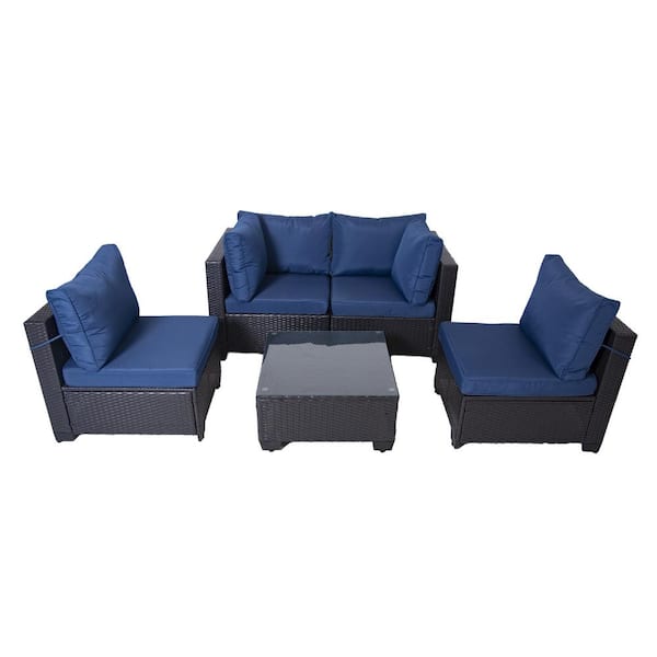 Unbranded 5-Piece Black Rattan Patio Sofa Set, Wicker Outdoor Sectional Set with Blue Cushions and Table