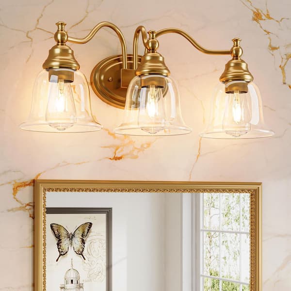 22.9 in. 3-Light Brushed Nickel Gold Bathroom Vanity Light with Clear Glass Shade, No Bulbs Included