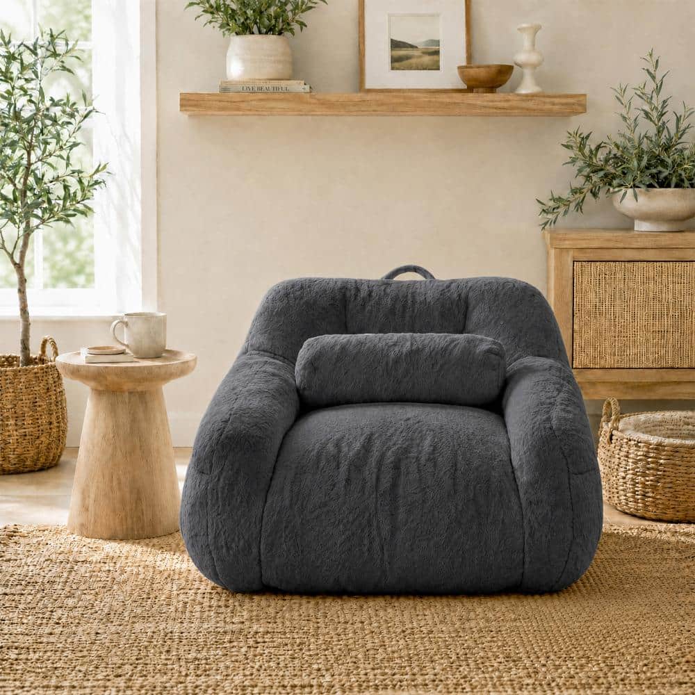 Faux Fur Bean Bag Chair with Memory Foam,Boneless Floor Chair for Adults and Kids,Casual Reading Chair in Gray