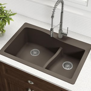Quarza Drop-in/Undermount Granite Composite 33 in. 1-Hole 60/40 Double Bowl Kitchen Sink in Brown