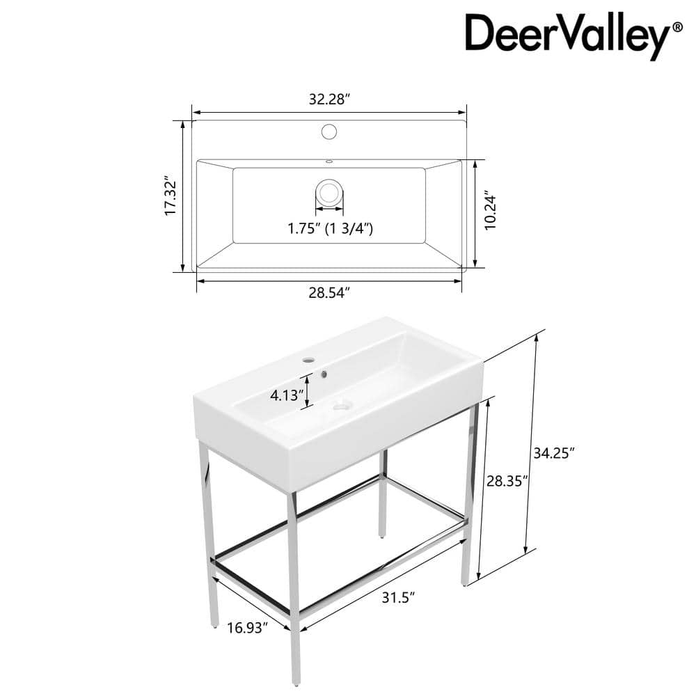 Silver Ceramic Wall-Mount Console Bathroom Sink with Overflow