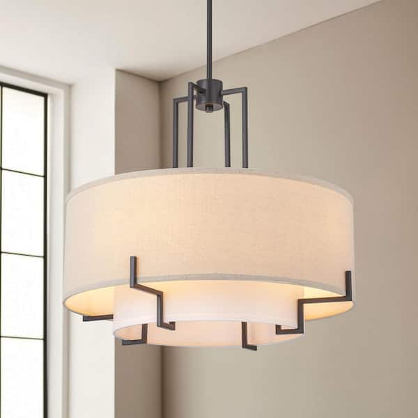 RRTYO Dhana 60-Watt 4-Light Farmhouse Modern Oil-Rubbed Bronze Drum Fabric Pendant Light, No Bulbs Included