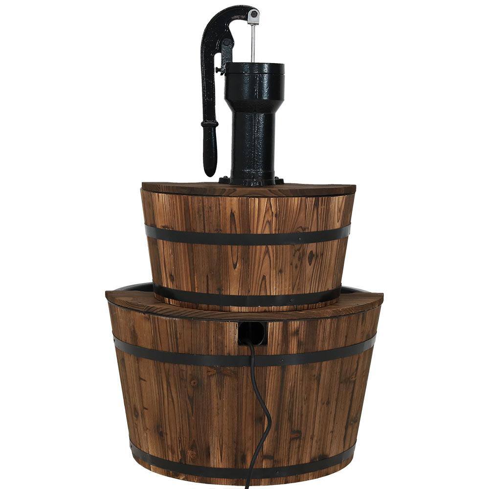 34" Rustic Fir Wood 2-Tier Barrel Water Fountain with Metal Hand Pump