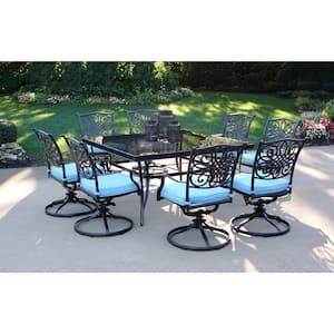 Traditions 9-Piece Aluminum Outdoor Dining Set with Square Glass-Top Table and Swivel Chairs with Blue Cushions