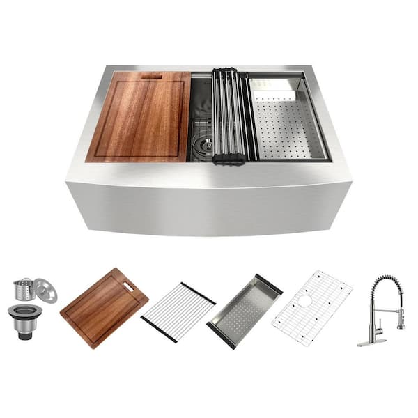 Boyel Living 33 in. Farmhouse/Apron-Front Single Bowl Stainless Steel Kitchen Sink with Faucet, Cutting Board, Colander, Bottom Grid