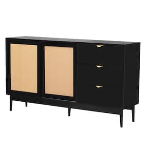 63 in. W x 15.7 in. D x 35.4 in. H Black Linen Cabinet with Rattan Sliding Doors and 3-Drawers