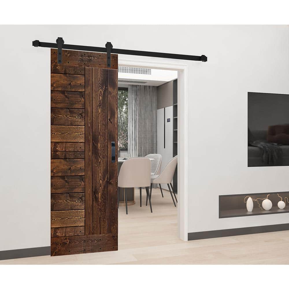 Dark Walnut Solid Wood Multipanel Sliding Barn Door Kit with Black Hardware
