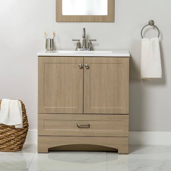 Glacier Bay Lancaster 31 in. Single Sink Beige Oak Bath Vanity with White Cultured Marble Top (Assembled)