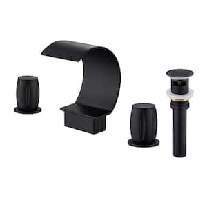 Luxury C Arc Waterfall Spout 2-Handle 8 in. Widespread Bathroom Sink Faucet With Pop-up Drain in Matte Black