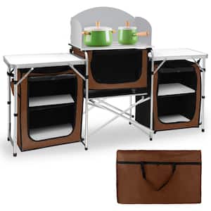 Trigg Brown Outdoor Camping Kitchen with 3 Zippered Bags Camping Cook Table with 2 Aluminum Side Tables