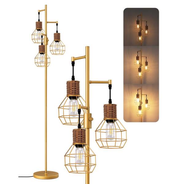 EDISHINE Dimmable Rustic Floor Lamp, Farmhouse Standing Lamp with 3 LED Edison Bulbs, Rattan Design Floor Lamps for Living Room, Bedroom, Reading Corner, Office, Brown
