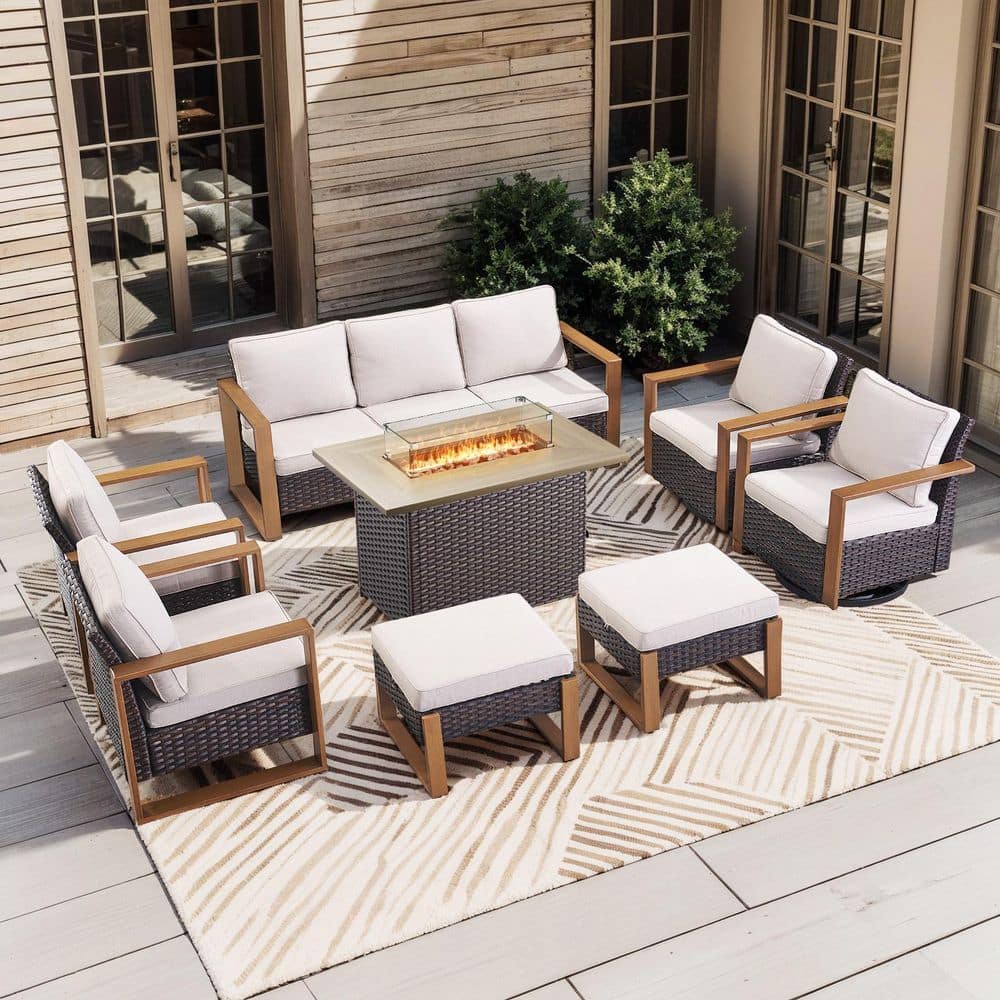 Funky 8-Piece Brown Wicker Outdoor Patio Rectangular Fire Pit Conversation Set with Glider Chairs with Beige Cushions price history on PriceWatchPro
