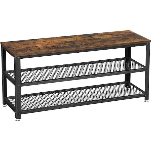 Benjara Grace 17.7 in. H x 11.8 in. W Brown Wood Shoe Storage Bench and Rack with 2 Mesh Design Metal Shelves