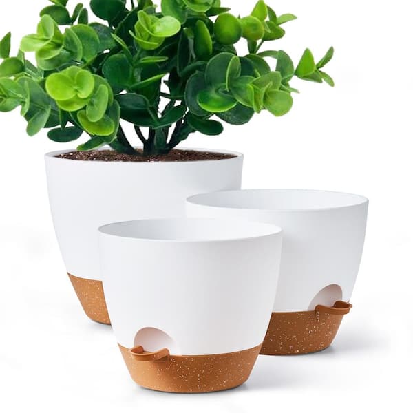 Unbranded Plant Pot 12/10 in./9 in., White Plastic Self Watering for Indoor/Outdoor Plants with Drainage Hole Flower Pots (3-Pack)