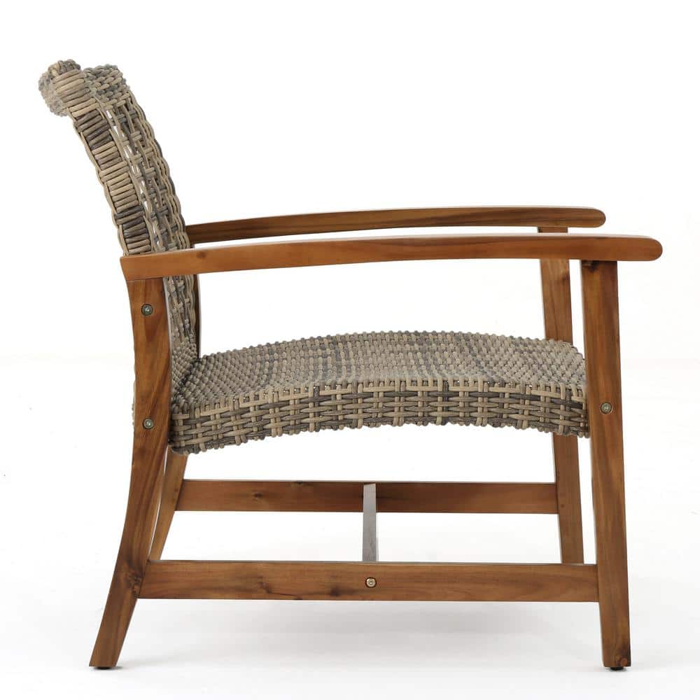 Gray and Natural Wicker and Wood Outdoor Club Chairs, Set of 4
