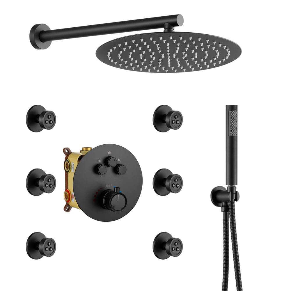 Matte Black Stainless Steel Thermostatic Rain Shower System with Handheld