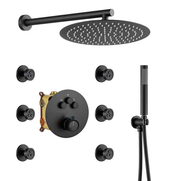 Single Handle 1-Spray 3-function Thermostatic Dual Shower Faucet 1.8 GPM with 6 Body Spray Jets in Mattle Black