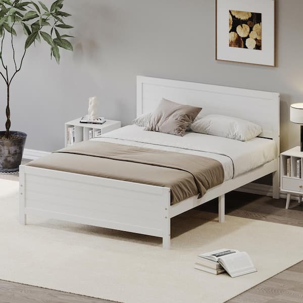 Harper & Bright Designs White Wood Frame King Size Platform Bed with Slats, Extra Support Legs