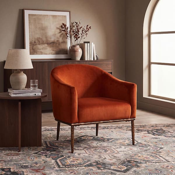 Burnt Orange Velvet Upholstered Barrel Accent Arm Chair with Hammered