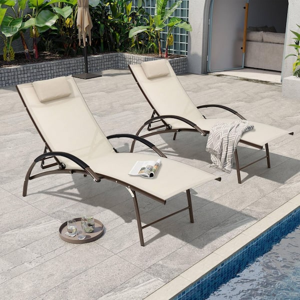 Pellebant 2-Piece Aluminum Adjustable Outdoor Chaise Lounge with Headrest in Tan
