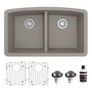QU-710 Quartz/Granite 32 in. Double Bowl 50/50 Undermount Kitchen Sink in Concrete with Bottom Grid and Strainer
