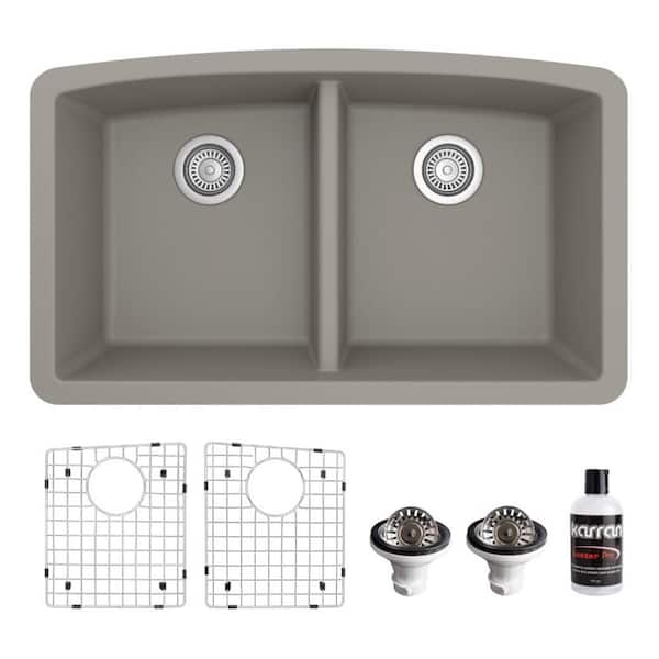 Karran QU-710 Quartz/Granite 32 in. Double Bowl 50/50 Undermount Kitchen Sink in Concrete with Bottom Grid and Strainer