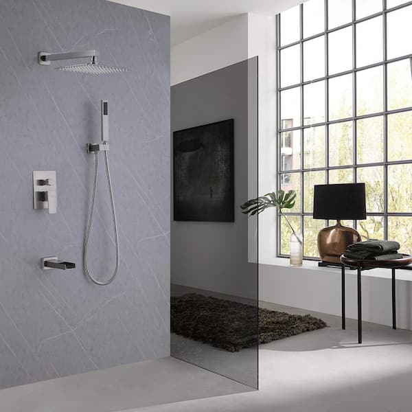 Waterfall Spout Single Handle 3-Spray Square High Pressure Tub and Shower Faucet in Brushed Nickel (Valve Included)