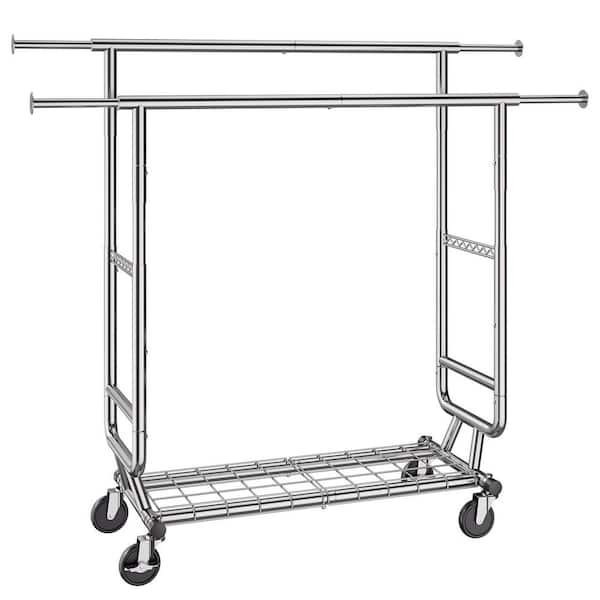 Heavy Duty Clothes Rack, Double Hanging Rod Clothing Garment Rack for Hanging Clothes, Adjustable Height Silver