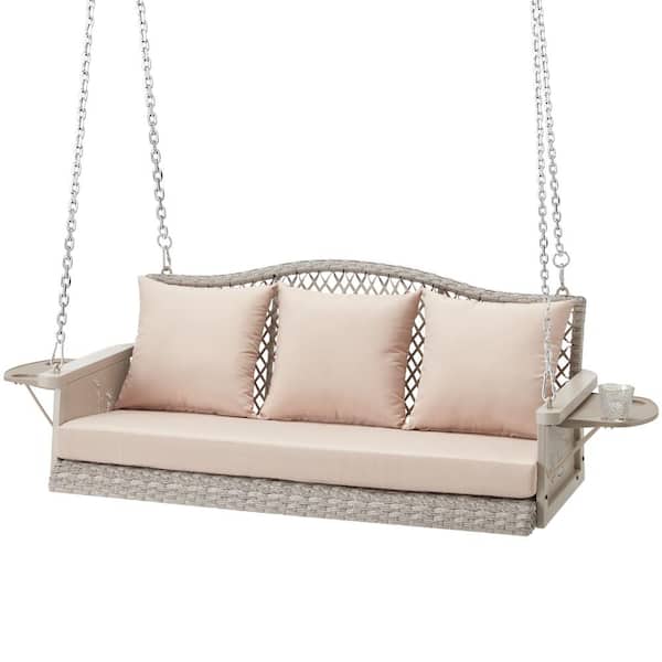 3-Seat White Wicker Outdoor Patio Hanging Porch Swing with Light Brown Cushions, Cup Holder
