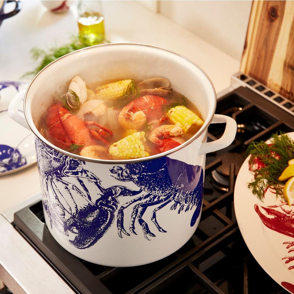 Blue Coastal Enamel Steel Stockpot with Lobster Print, 16 Qt.