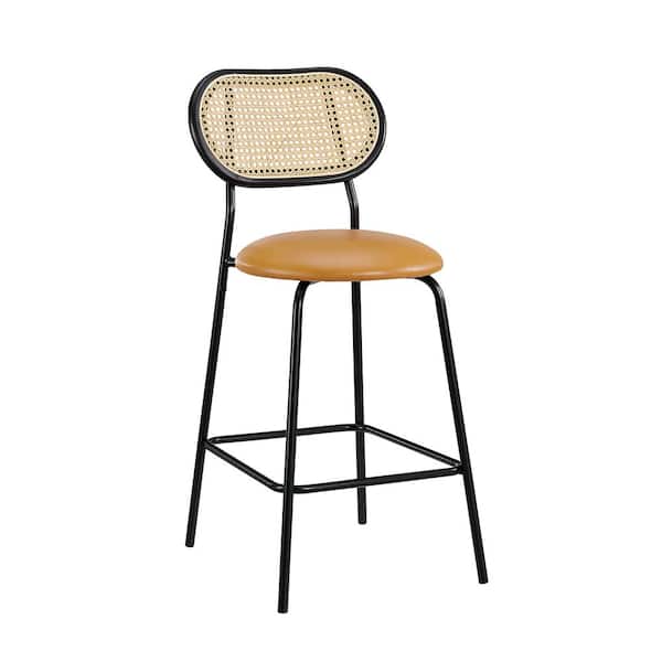 Art Leon SIASY 26.57 in. Height Rattan Low Backrest Khaki Faux Leather Bar Stool with Metal Legs (1-Piece)