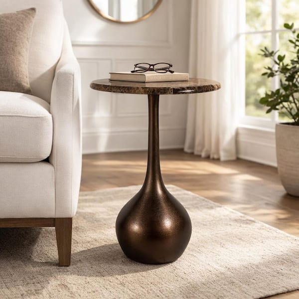 15 in. Brown Round Marble Accent Table