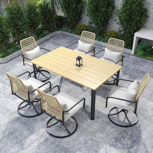 Anmutig 7-Piece Metal Outdoor Dining Set with Gray Cushion and Pillow
