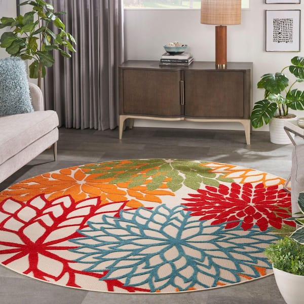 Aloha Green 8 ft. x 8 ft. Round Floral Modern Indoor/Outdoor Patio Area Rug