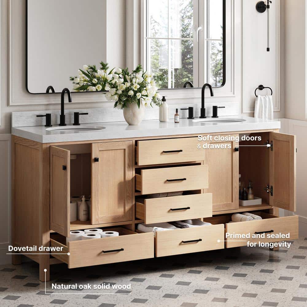 Cambridge 72'' Oak Double Vanity with Carrara Marble Top
