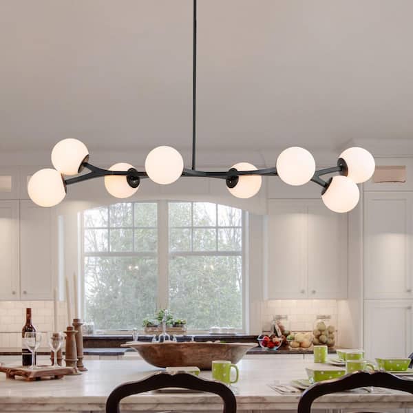 Lucie 55.9 in. 8-Light Mid-Century Black Sputnik Chandelier Linear Kitchen Island Pendant with Opal Glass Shades