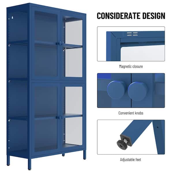 Unbranded 31.5 in. W x 12.6 in. D x 59 in. H Steel Metal Blue Linen Cabinet with Glass Doors and Adjustable Shelves