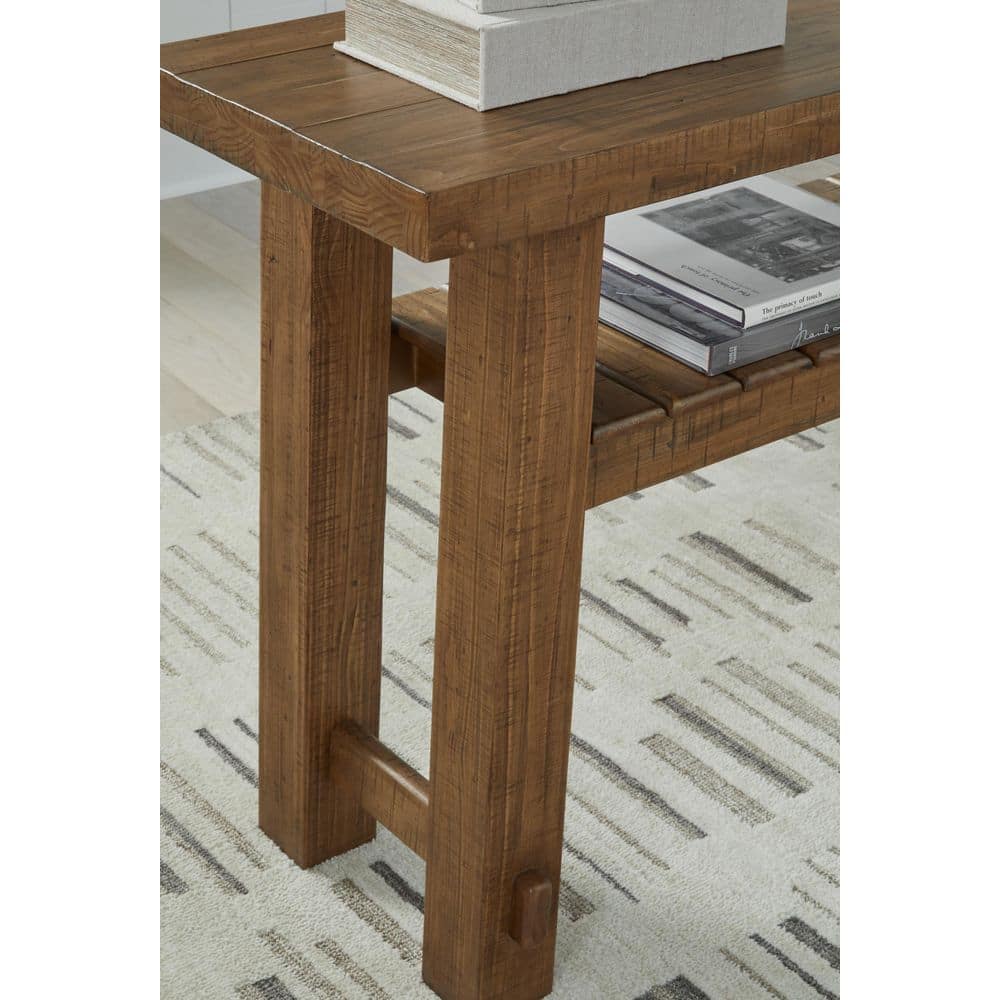 Light Brown Pine Wood Sofa Table with Slatted Shelf
