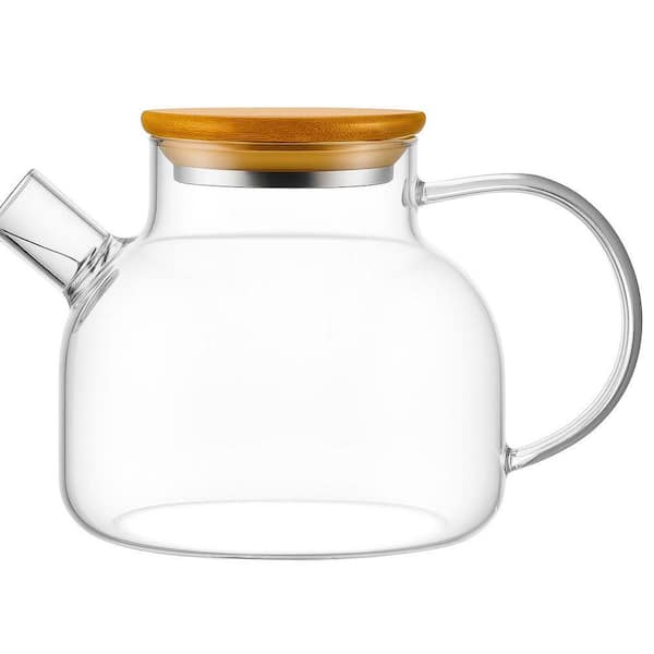 3-Cup Clear Borosilicate Stovetop Compatible Glass Teapot with Bamboo Lid Removable Filter Spout Tea Brewer