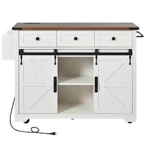 53.7 in. Farmhouse Style Kitchen Island Storage Island with Electrical Outlets, Folding Leaf and Wheels