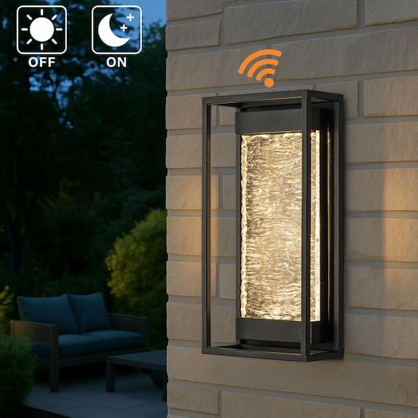 H15 in. Modern Outdoor Integrated LED Wall Light with Dusk to Dawn Sensor Matte Black Wall Lantern with Textured Glass