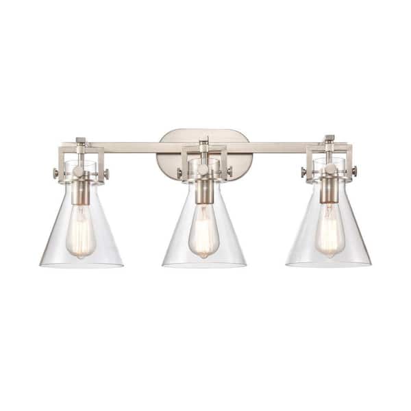 Newton Cone 27 in. 3-Light Satin Nickel Vanity Light with Glass Shade