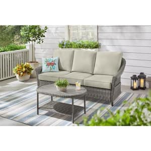 Chasewood Brown Wicker Outdoor Patio Sofa with CushionGuard Biscuit Cushions