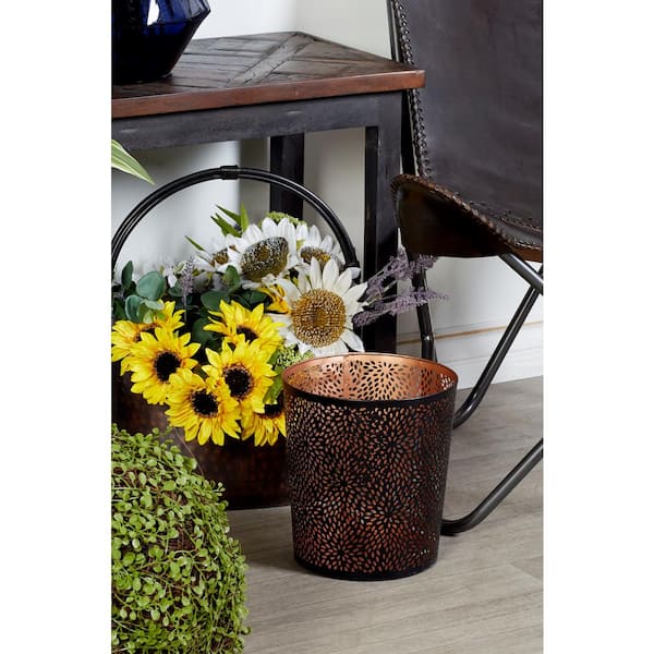 Litton Lane Round Black and Copper Iron Waste Can with Circular and Diamond-Shaped Cut Out Design