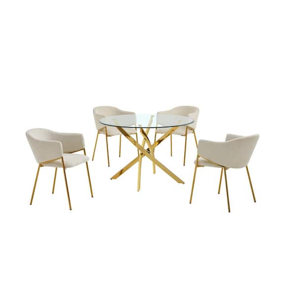 Best Quality Furniture Poly 5-Piece Clear Tempered Glass Top with Gold Chrome Base Dining Set with 4-Beige Linen Chairs