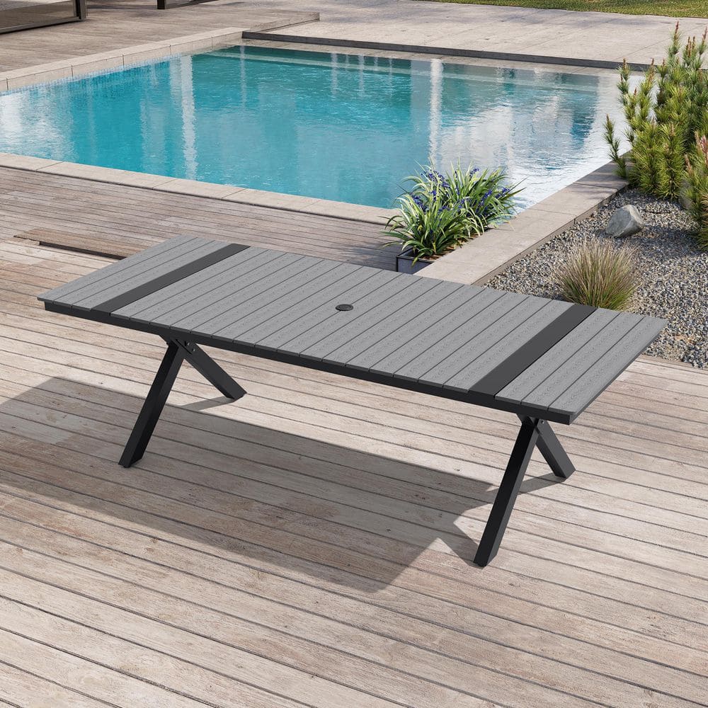 94.33 in. Outdoor Dining Table with Aluminum Frame and Dual-Size Umbrella Hole X-Shaped Legs WPC Tabletop in Dark Gray