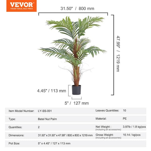 VEVOR Artificial Palm Tree 4 ft Tall Faux Plant Secure PE Material & Anti-Tip Tilt Protection Low-Maintenance Plant Lifelike Green Fake Tree for